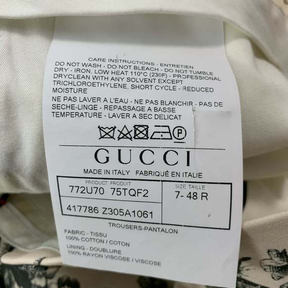 GUCCI Cream Black Floral Cotton Flat Front Dress Pants - Picture 6 of 7